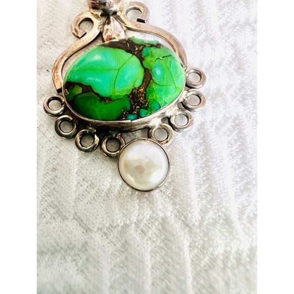 Vintage Sterling Silver Mojave Turquoise & Pearl Pendant 925 Boho 7g Green - Picture 5 of 10